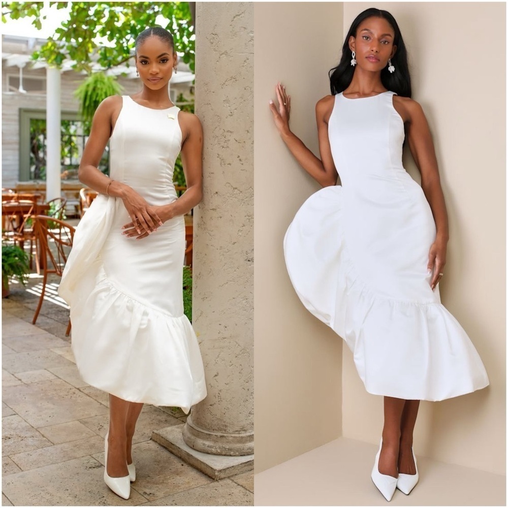 LULU’S Magnificent Presence White Ruffled Asymmetrical Midi Dress